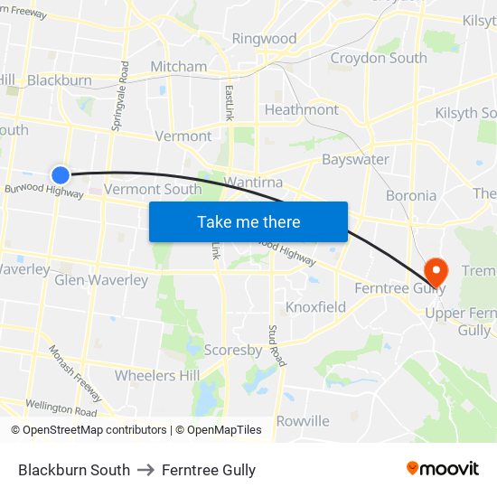 Blackburn South to Ferntree Gully map