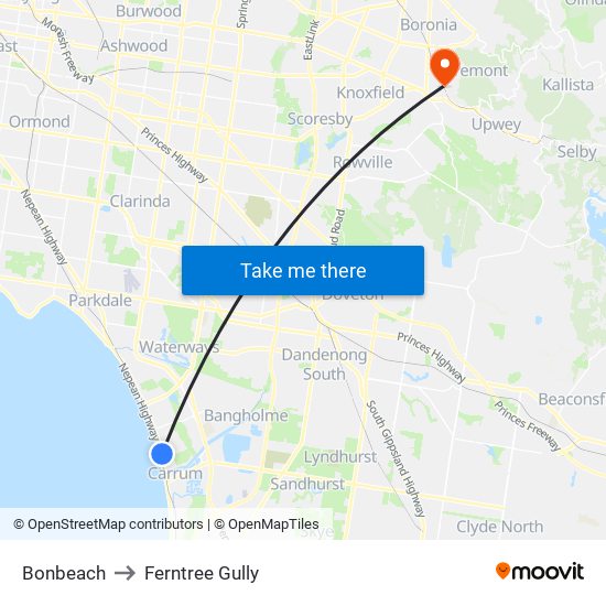 Bonbeach to Ferntree Gully map