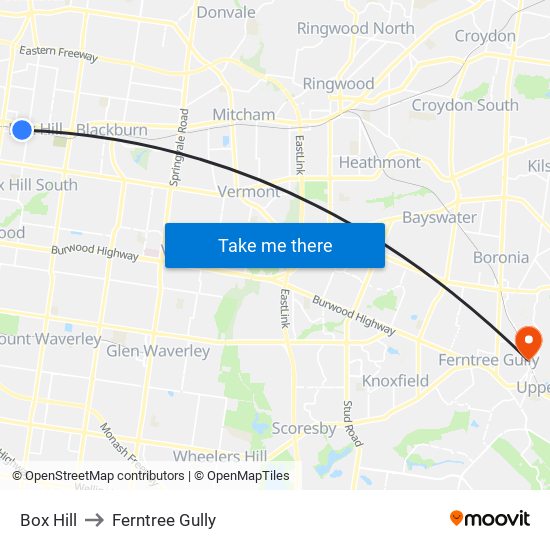 Box Hill to Ferntree Gully map