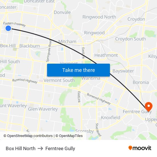 Box Hill North to Ferntree Gully map