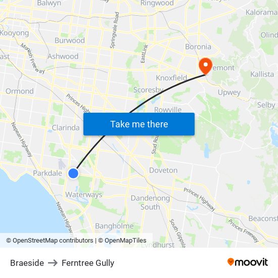 Braeside to Ferntree Gully map