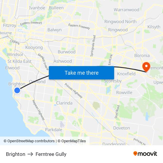 Brighton to Ferntree Gully map