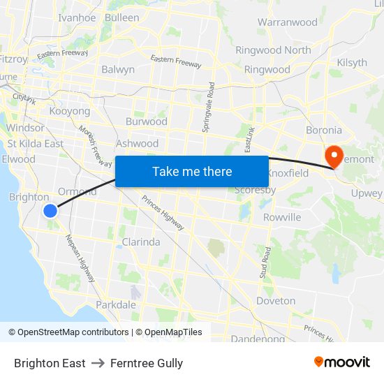 Brighton East to Ferntree Gully map