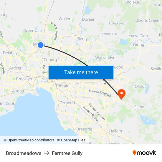 Broadmeadows to Ferntree Gully map