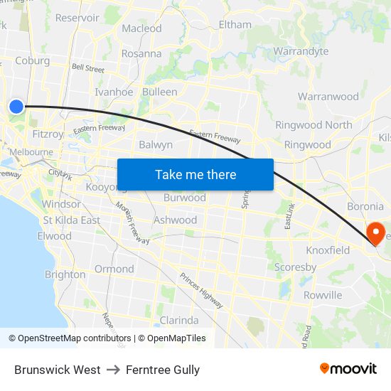 Brunswick West to Ferntree Gully map