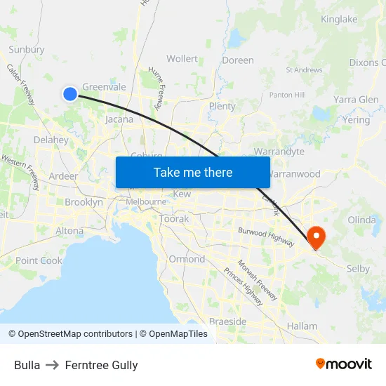 Bulla to Ferntree Gully map