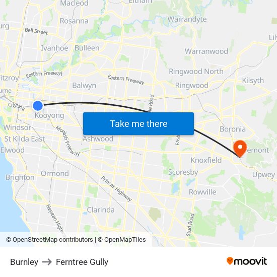 Burnley to Ferntree Gully map