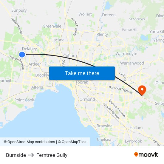 Burnside to Ferntree Gully map