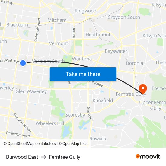 Burwood East to Ferntree Gully map