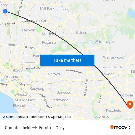 Campbellfield to Ferntree Gully map