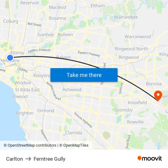 Carlton to Ferntree Gully map