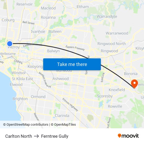 Carlton North to Ferntree Gully map