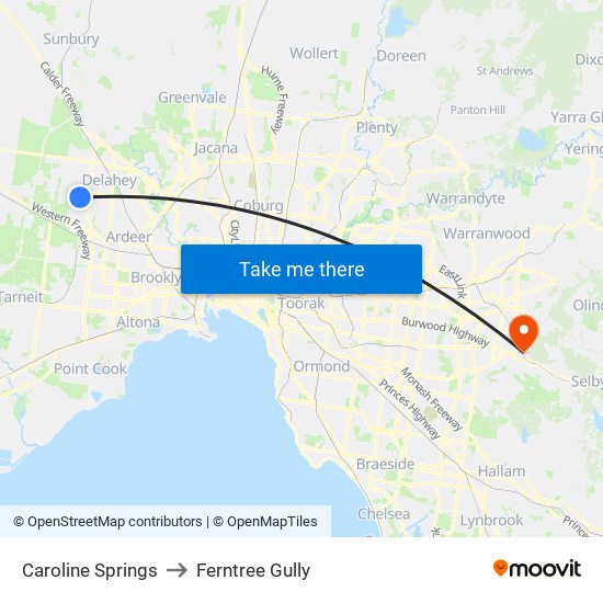 Caroline Springs to Ferntree Gully map