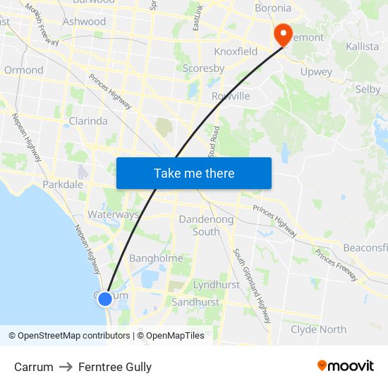 Carrum to Ferntree Gully map