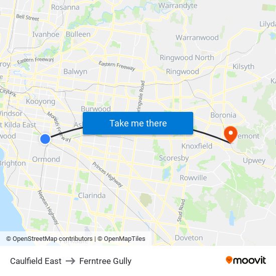 Caulfield East to Ferntree Gully map