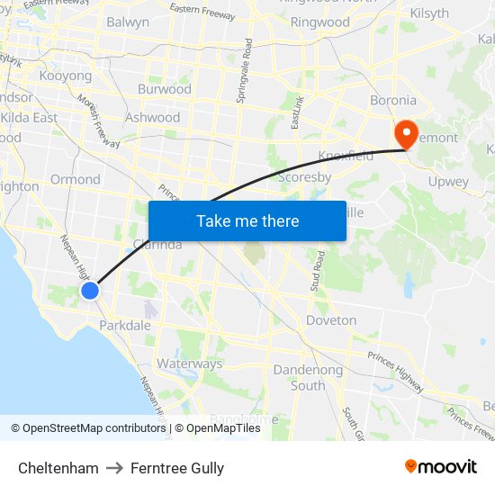 Cheltenham to Ferntree Gully map