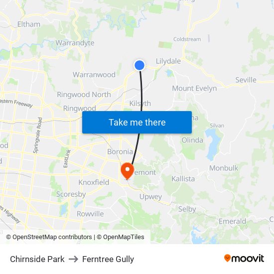 Chirnside Park to Ferntree Gully map