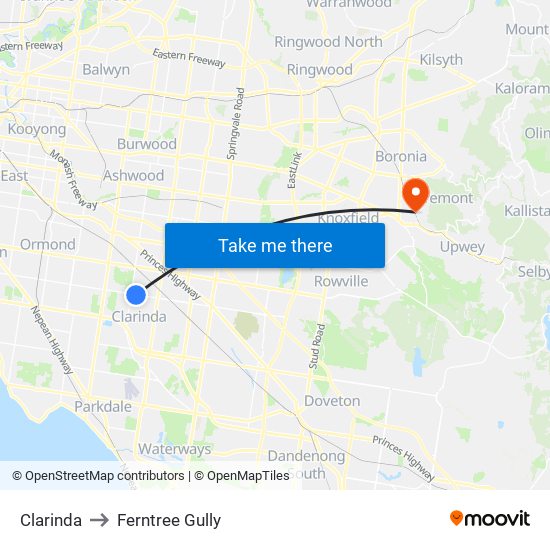 Clarinda to Ferntree Gully map