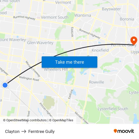 Clayton to Ferntree Gully map