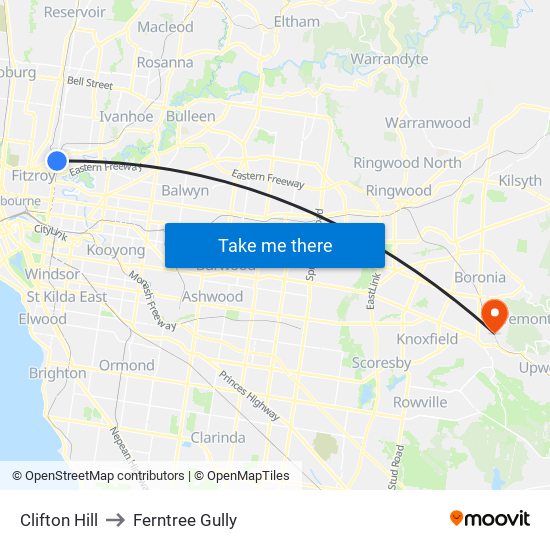 Clifton Hill to Ferntree Gully map