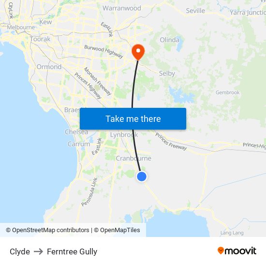 Clyde to Ferntree Gully map