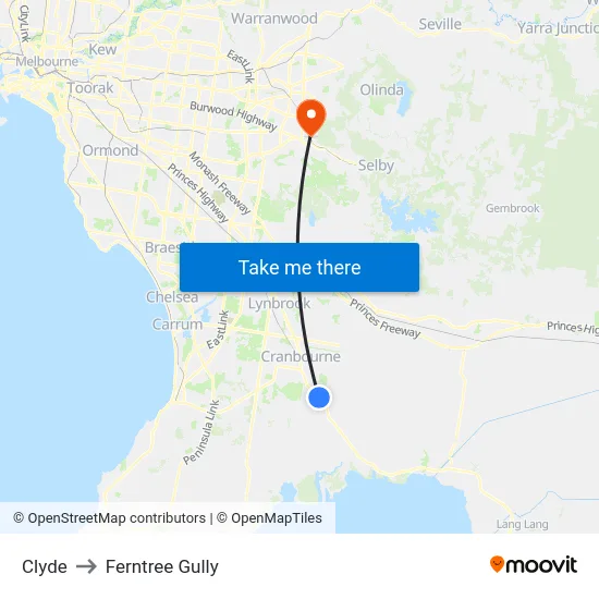 Clyde to Ferntree Gully map