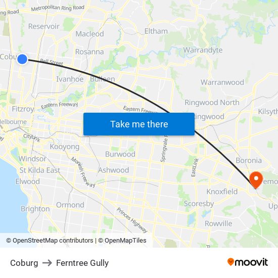 Coburg to Ferntree Gully map