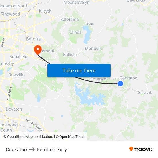 Cockatoo to Ferntree Gully map