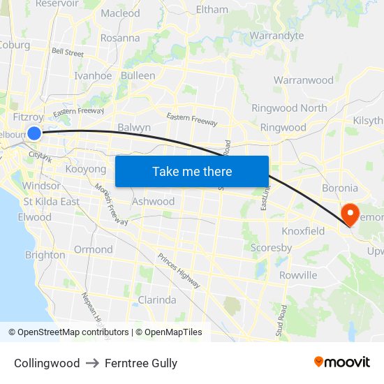 Collingwood to Ferntree Gully map