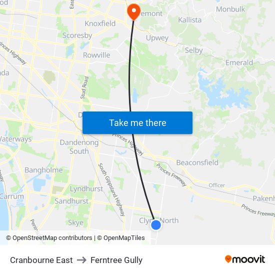 Cranbourne East to Ferntree Gully map