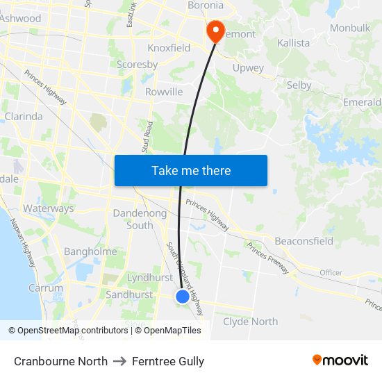 Cranbourne North to Ferntree Gully map