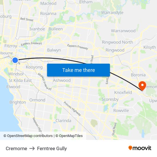 Cremorne to Ferntree Gully map