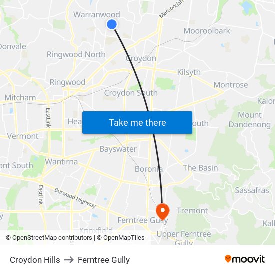 Croydon Hills to Ferntree Gully map