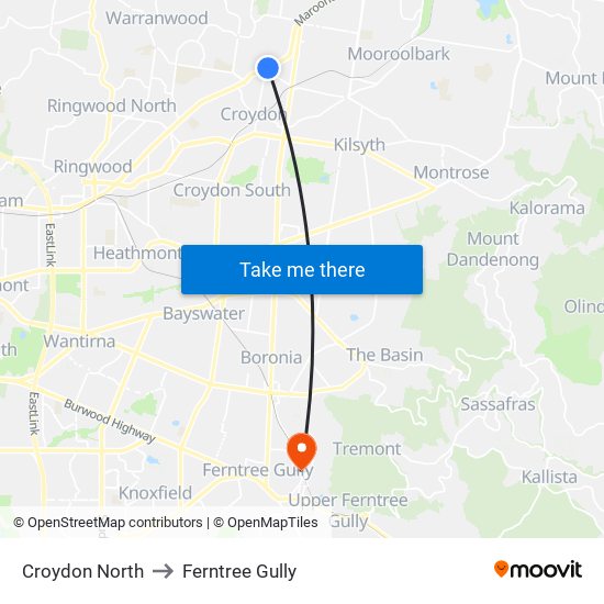 Croydon North to Ferntree Gully map