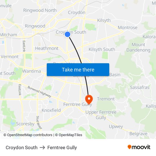 Croydon South to Ferntree Gully map