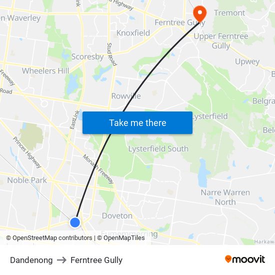 Dandenong to Ferntree Gully map