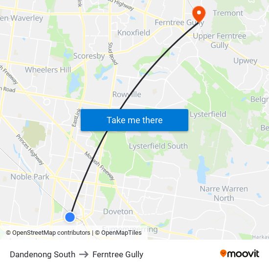 Dandenong South to Ferntree Gully map