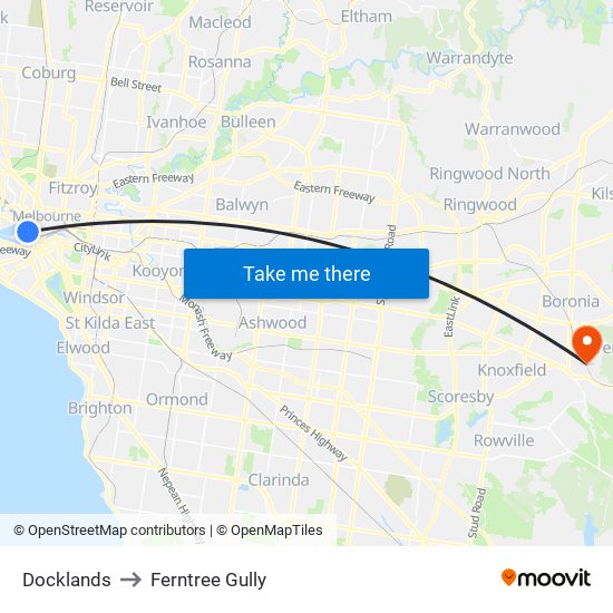 Docklands to Ferntree Gully map