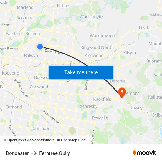 Doncaster to Ferntree Gully map