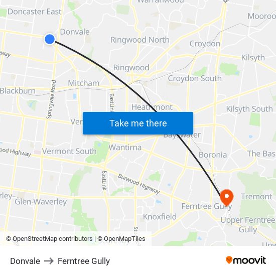Donvale to Ferntree Gully map