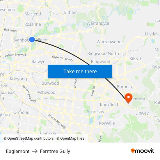 Eaglemont to Ferntree Gully map