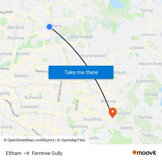 Eltham to Ferntree Gully map