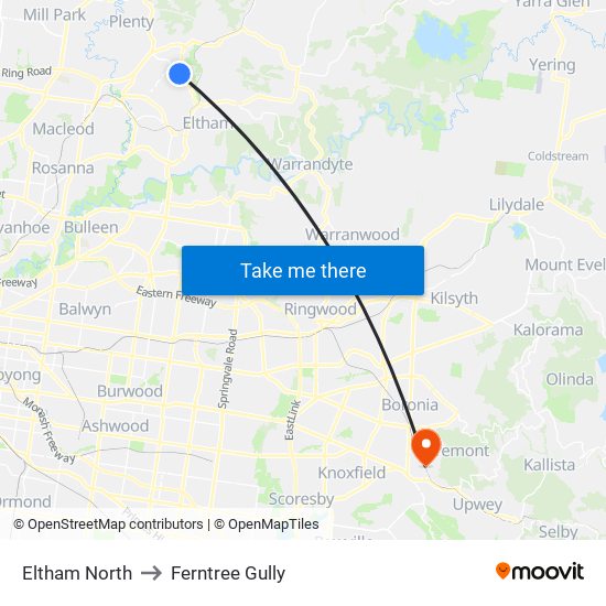Eltham North to Ferntree Gully map