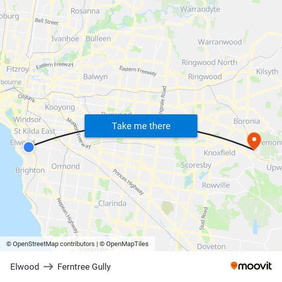 Elwood to Ferntree Gully map