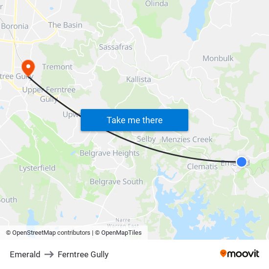 Emerald to Ferntree Gully map