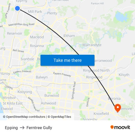 Epping to Ferntree Gully map