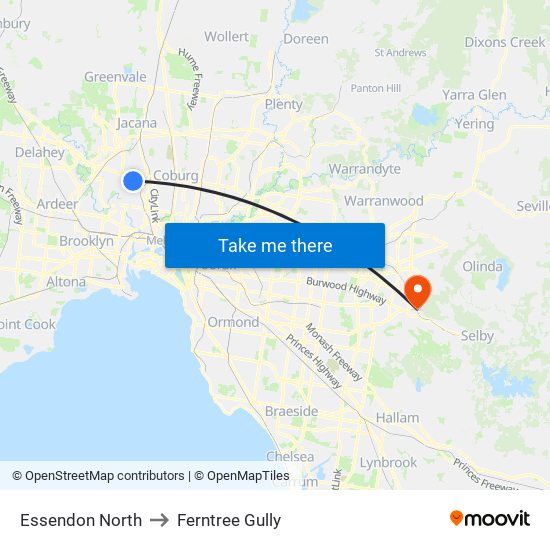 Essendon North to Ferntree Gully map