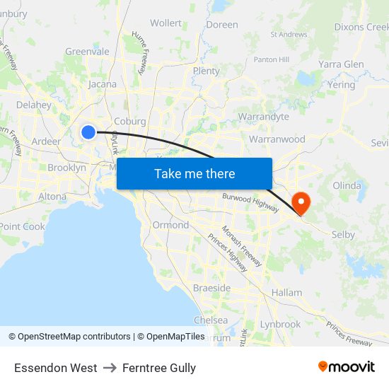 Essendon West to Ferntree Gully map