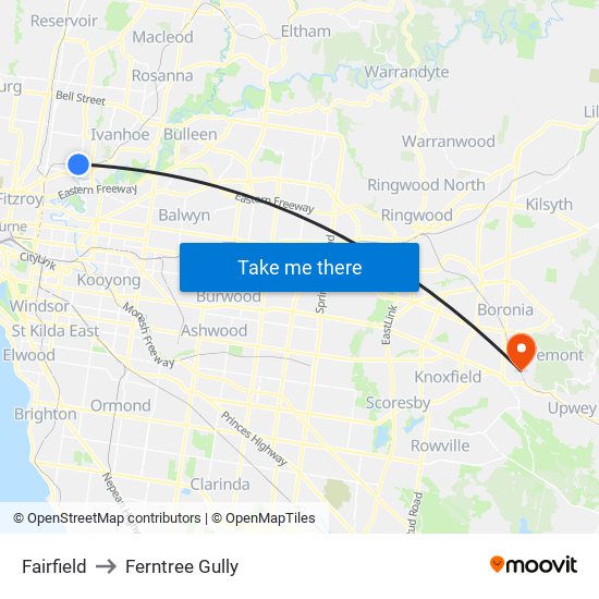 Fairfield to Ferntree Gully map