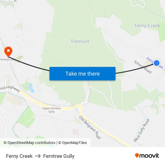 Ferny Creek to Ferntree Gully map